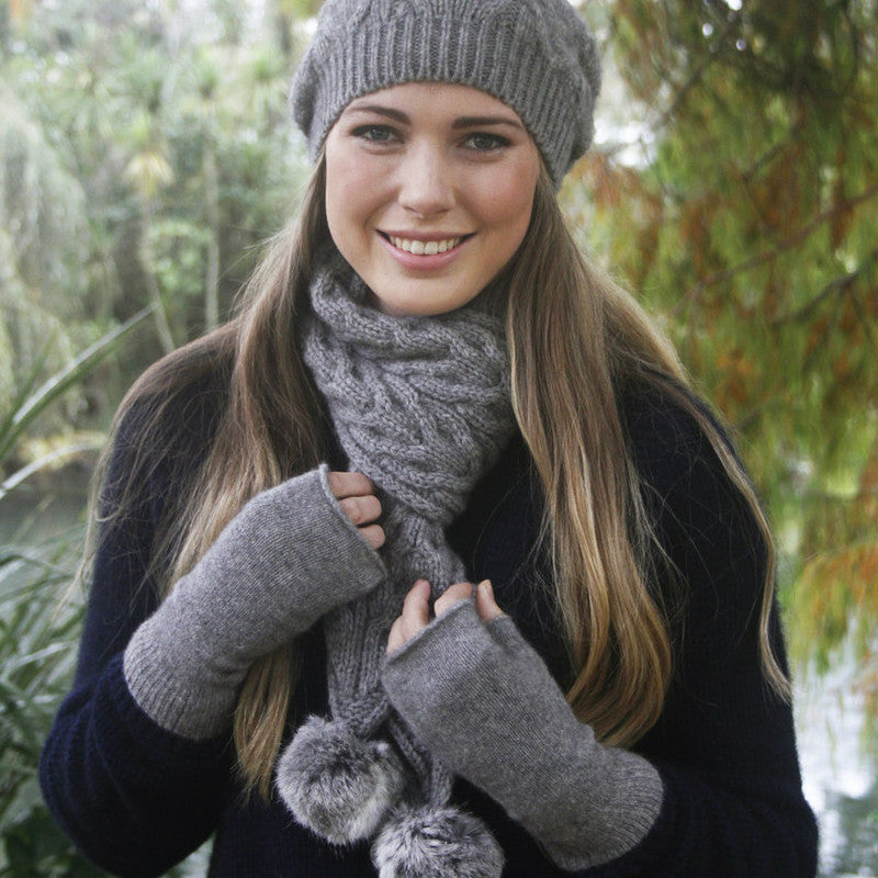 Cable Scarf With Rabbit Fur Pompoms