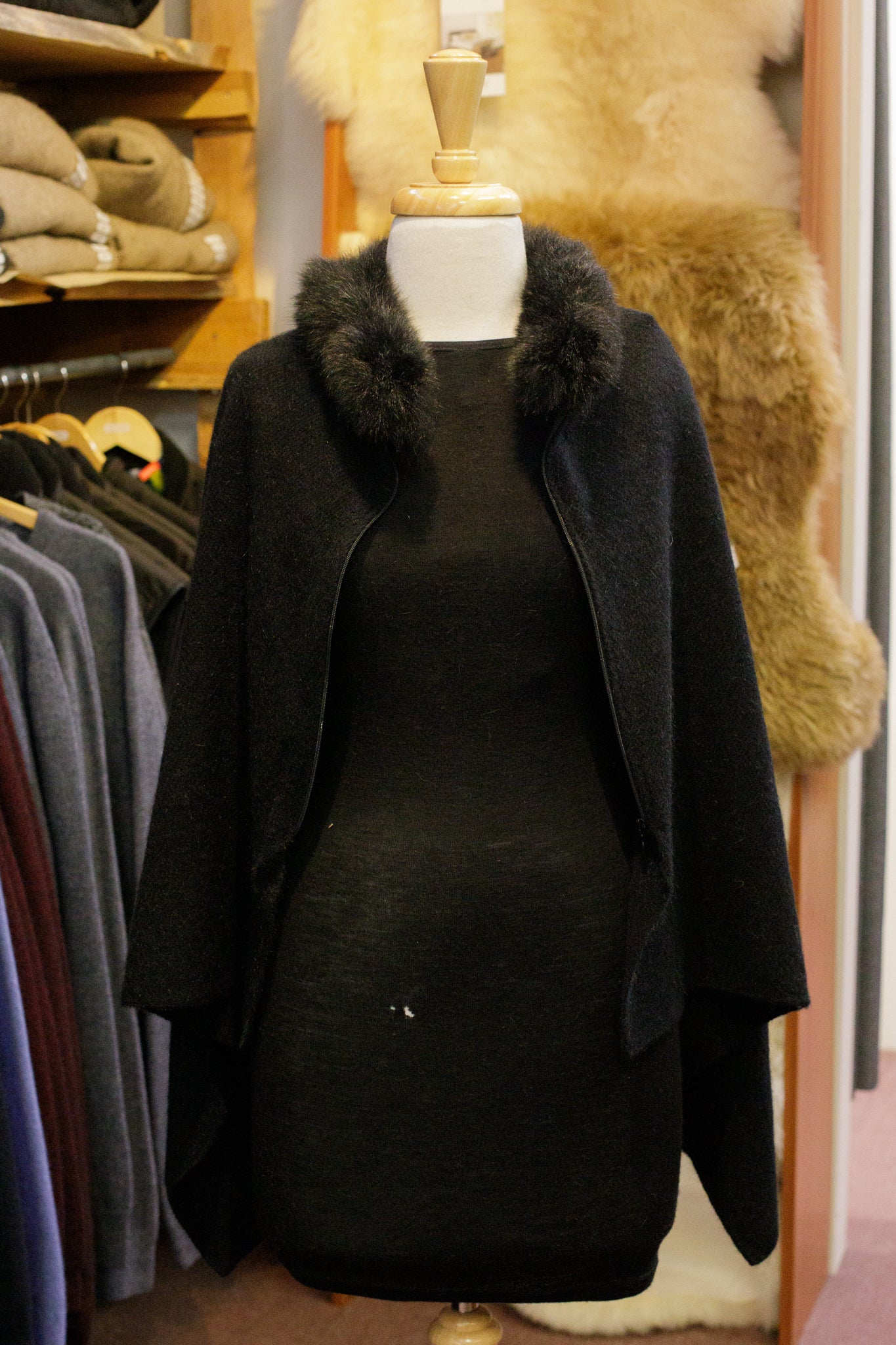 Possum Merino Fur Trim Zip Poncho