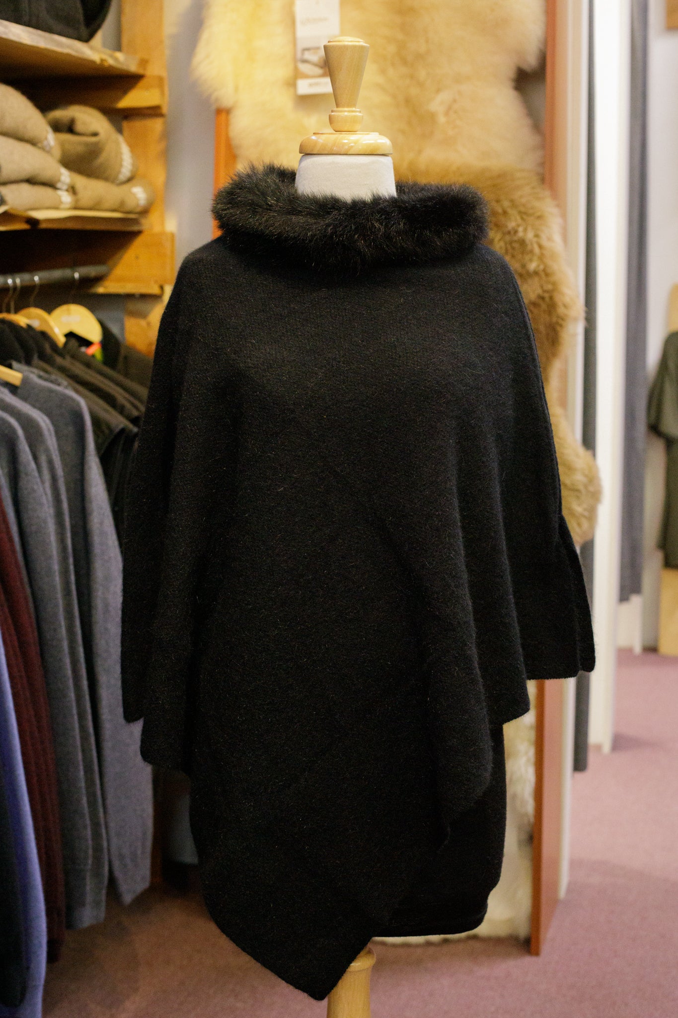 Possum Merino Fur Trim Zip Poncho