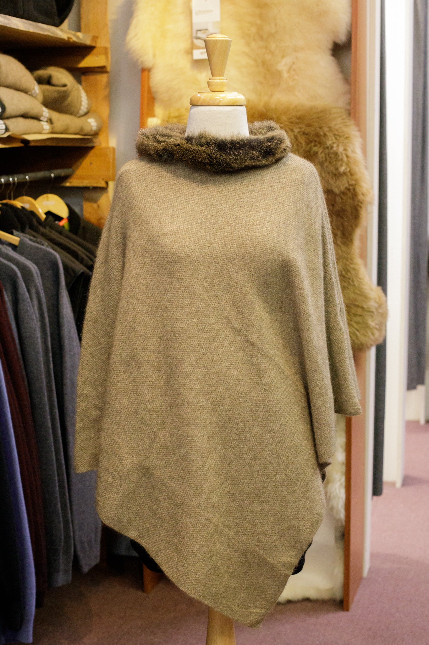Possum Merino Fur Trim Zip Poncho