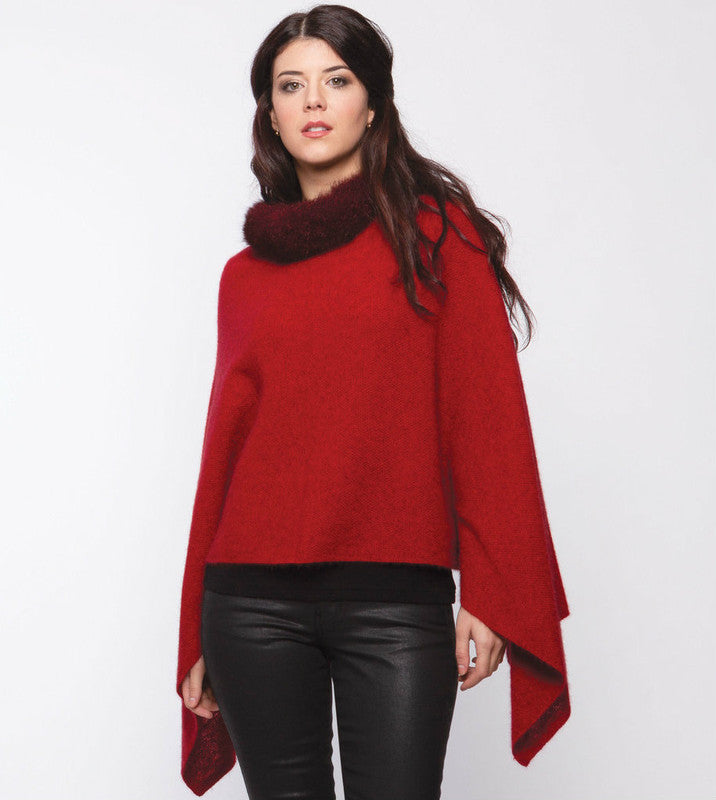 Possum Merino Fur Trim Zip Poncho
