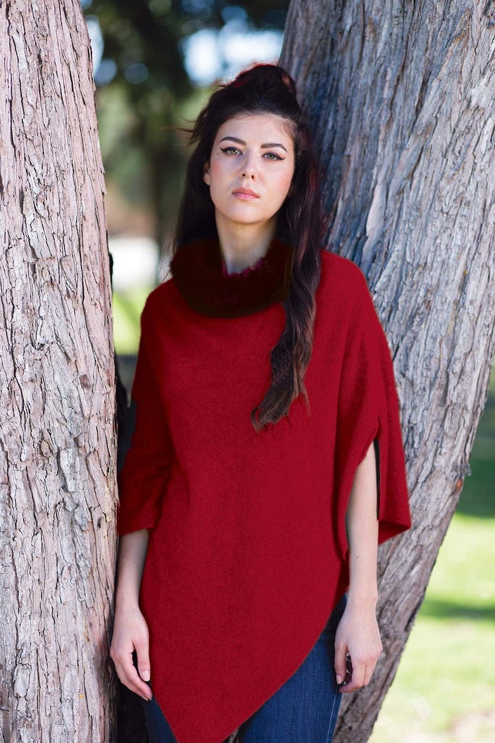 Possum Merino Fur Trim Zip Poncho