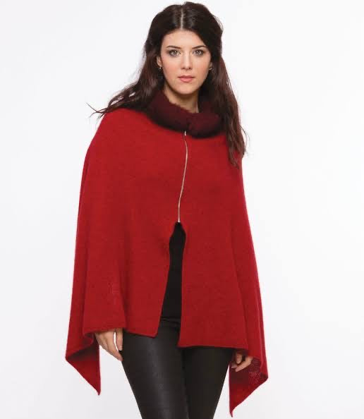 Possum Merino Fur Trim Zip Poncho