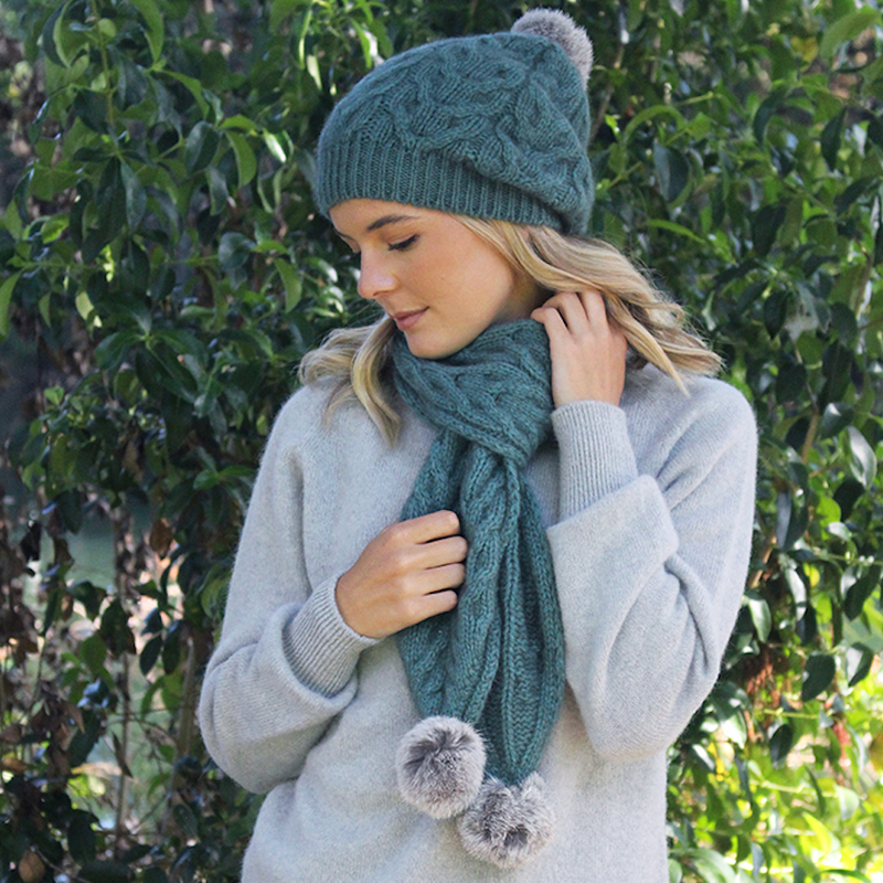 Cable Scarf With Rabbit Fur Pompoms