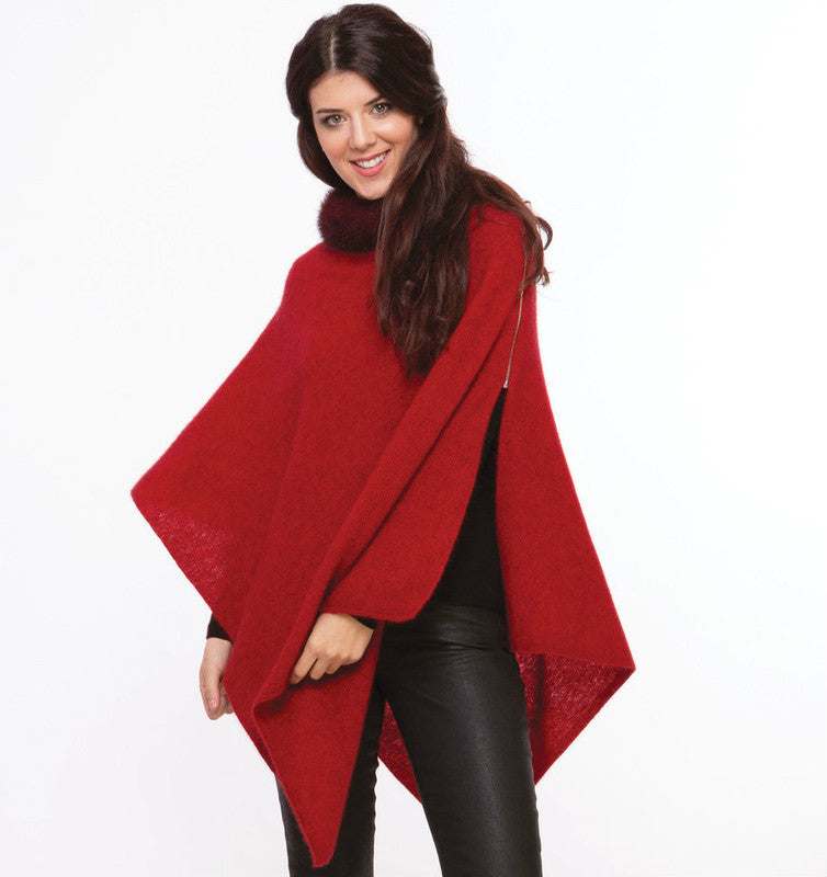 Possum Merino Fur Trim Zip Poncho