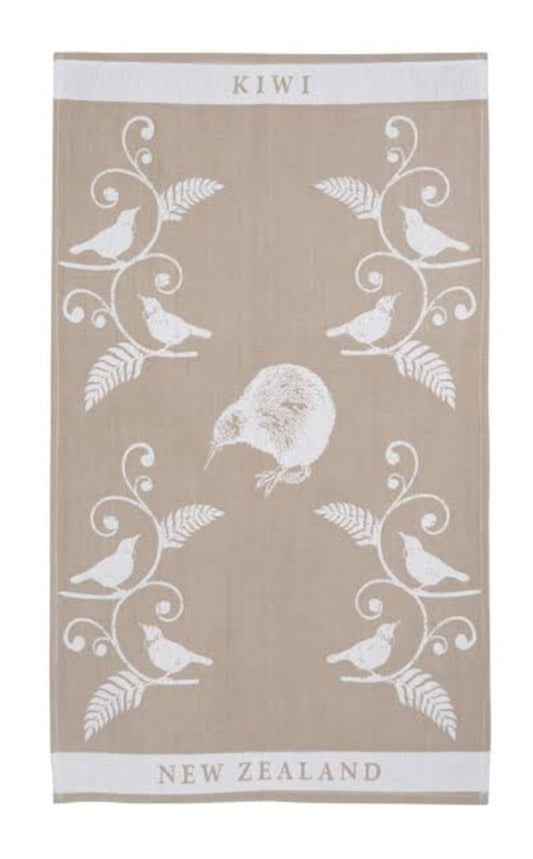 Jacquard Tea Towel With Kiwi and Tui Design