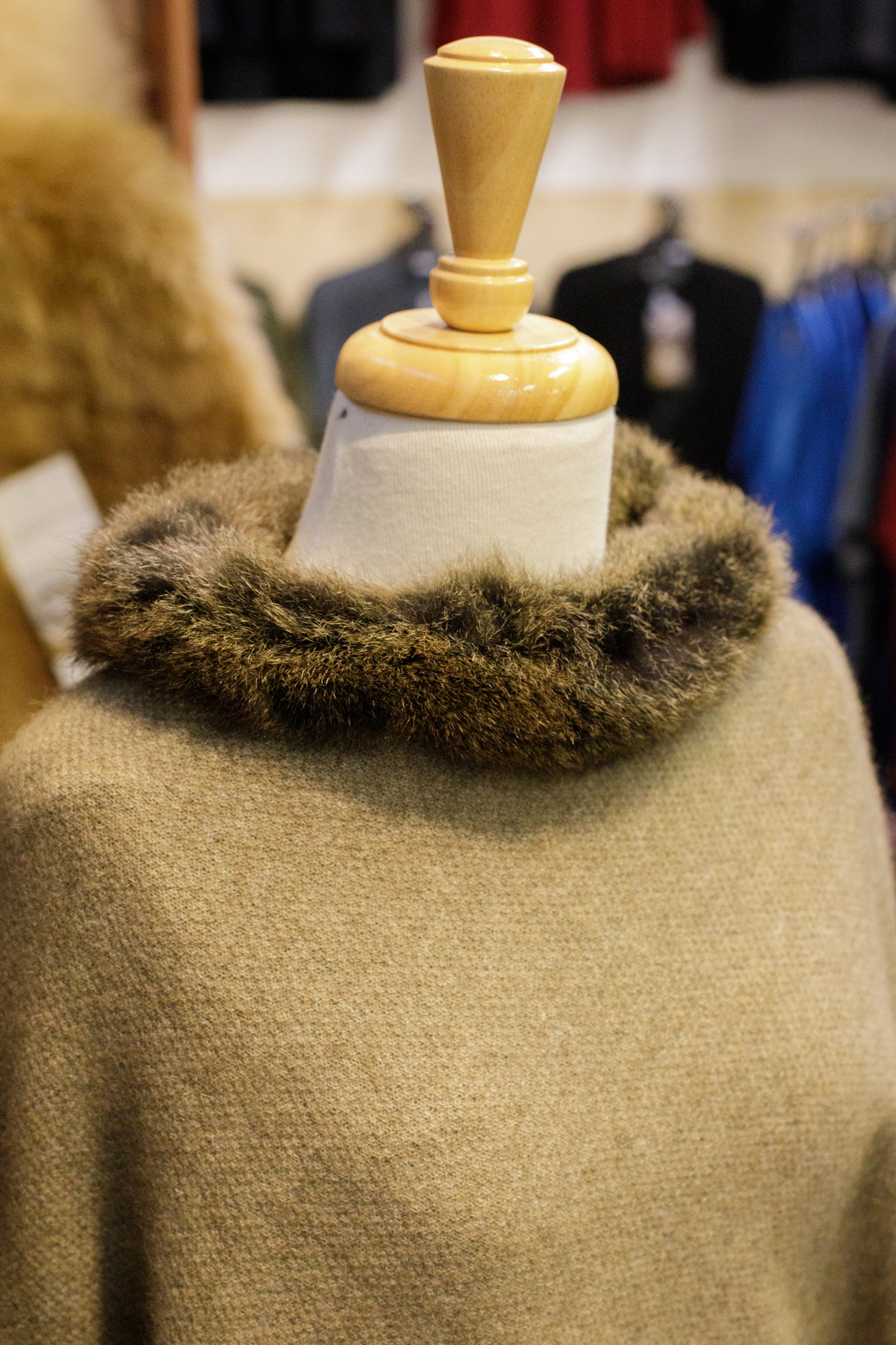 Possum Merino Fur Trim Zip Poncho