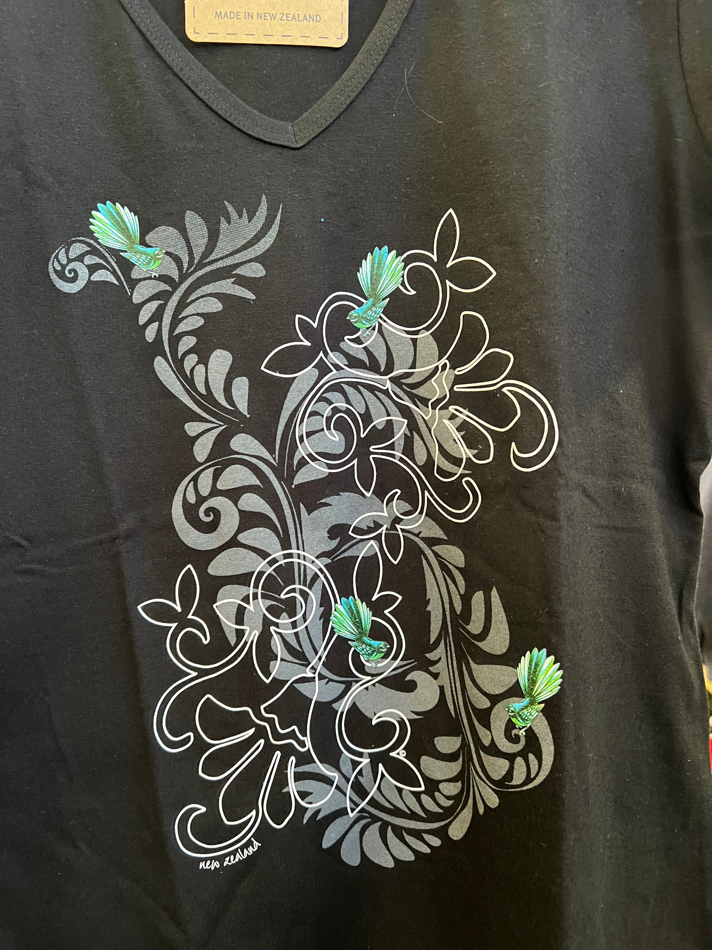 Ladies Fitted T-Shirt Black Koru Ferns T