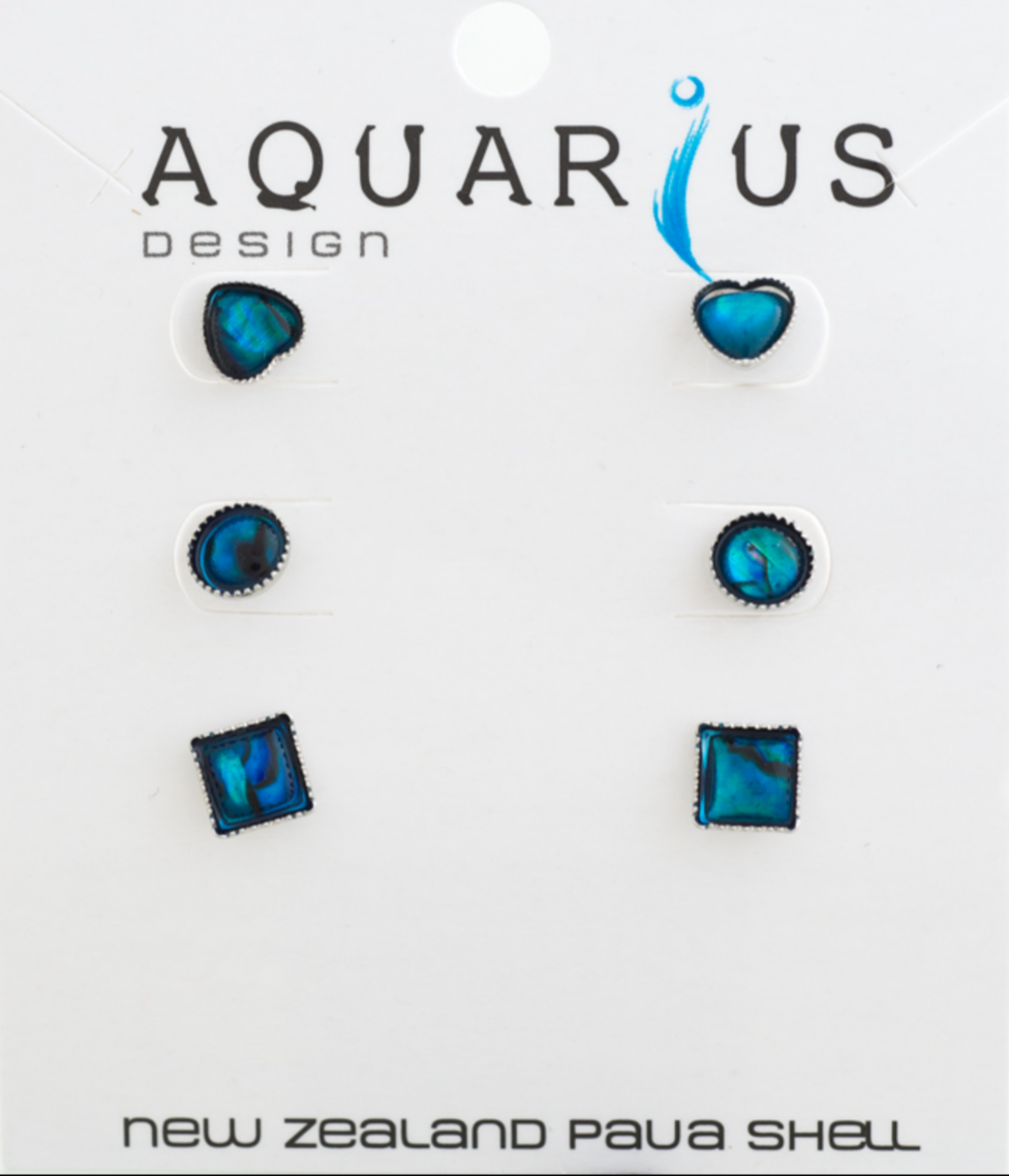 Paua Heart Round Square 3 Piece Set Earrings