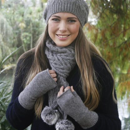 Cable Scarf With Rabbit Fur Pompoms