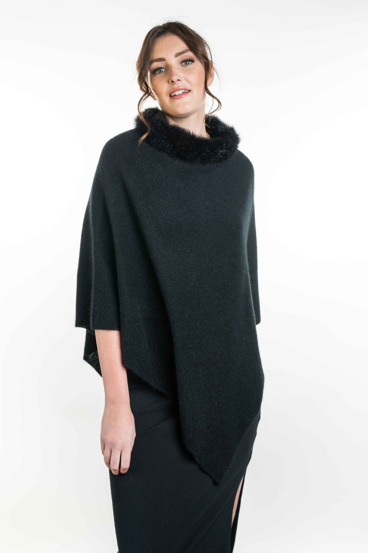 Possum Merino Fur Trim Zip Poncho