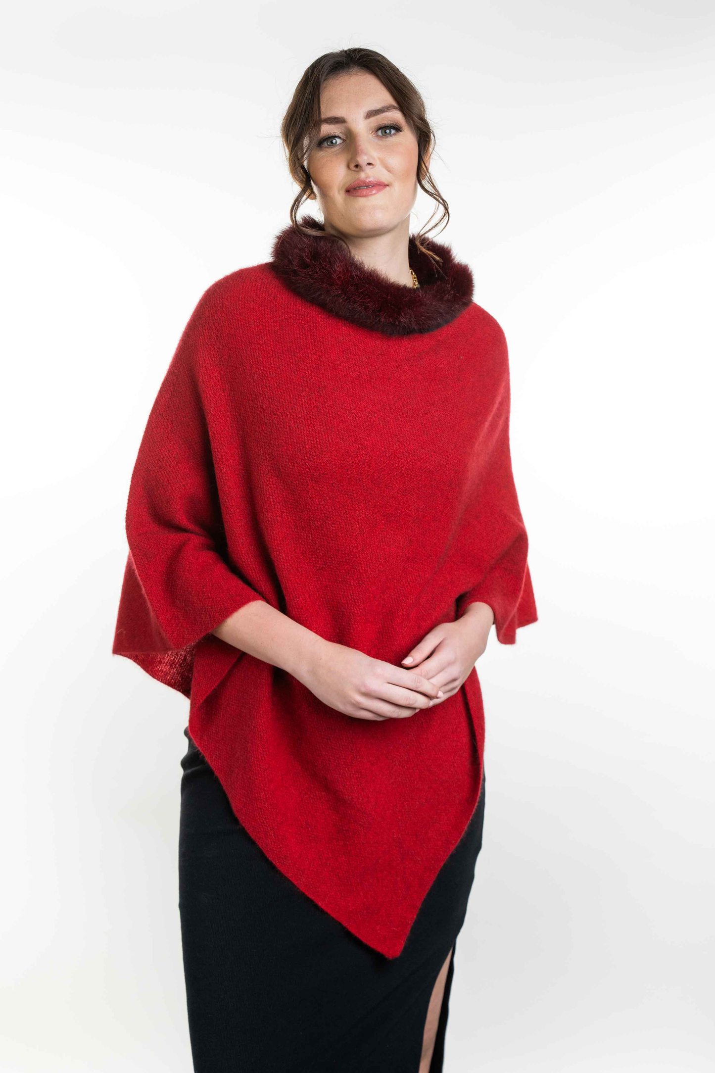 Possum Merino Fur Trim Zip Poncho