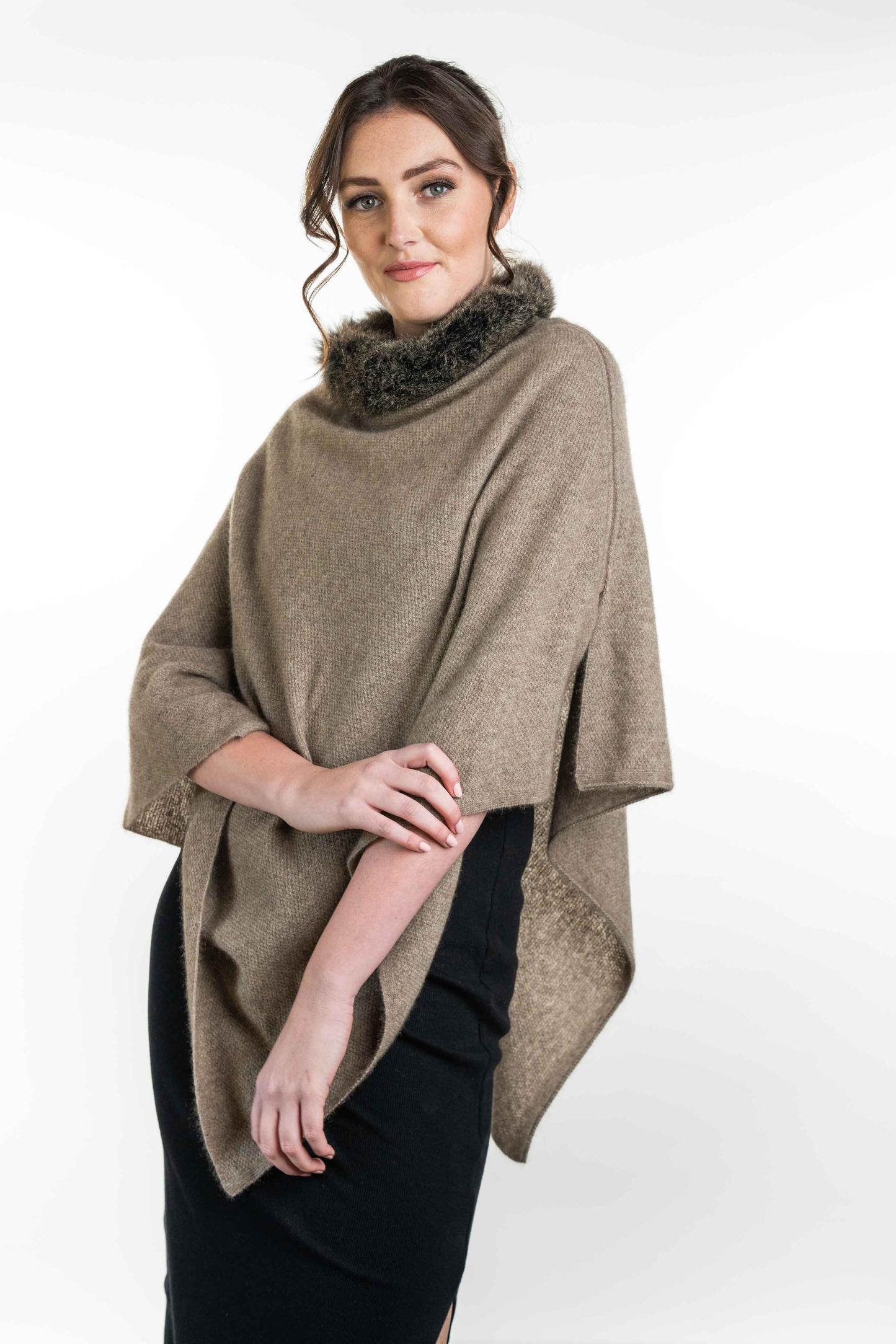 Possum Merino Fur Trim Zip Poncho