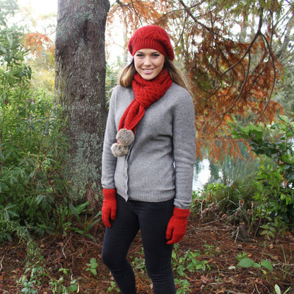 Cable Scarf With Rabbit Fur Pompoms