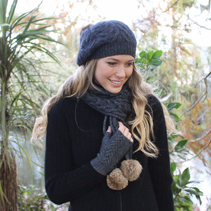 Cable Scarf With Rabbit Fur Pompoms
