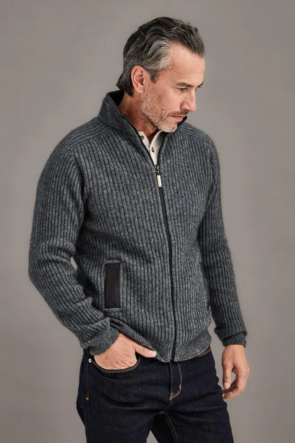 Rib Zip Jacket with Leather Trim