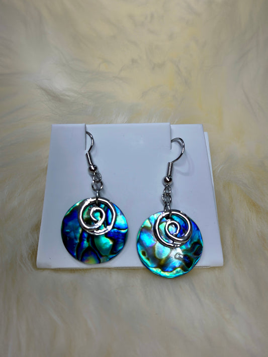Paua Disc Silver Spiral Hook Earrings