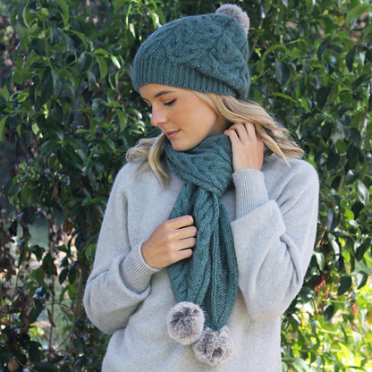 Cable Scarf With Rabbit Fur Pompoms