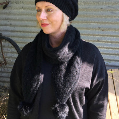 Cable Scarf With Rabbit Fur Pompoms