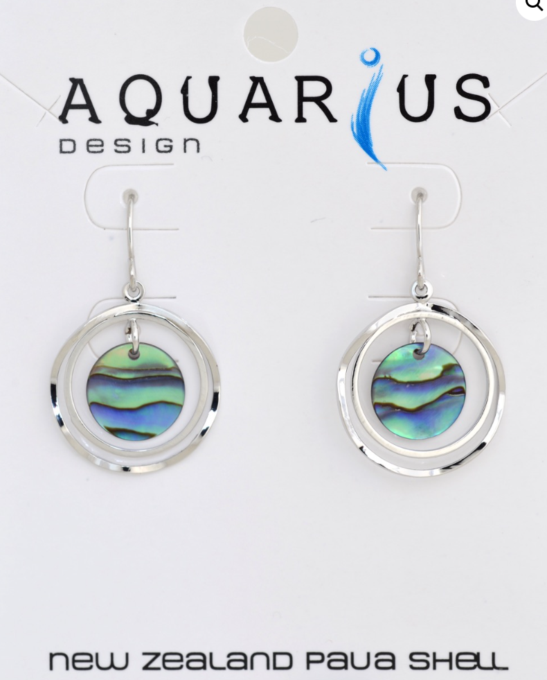 Paua Circle on 2 Rhodium Rings Earrings