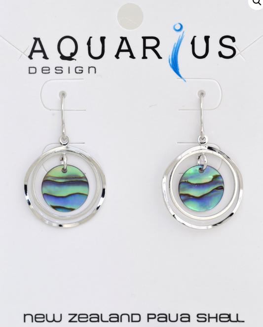 Paua Circle on 2 Rhodium Rings Earrings
