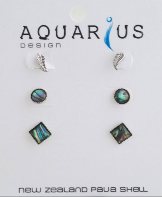 Paua Heart Circle Square Metal Fern 3 Piece Set Earrings